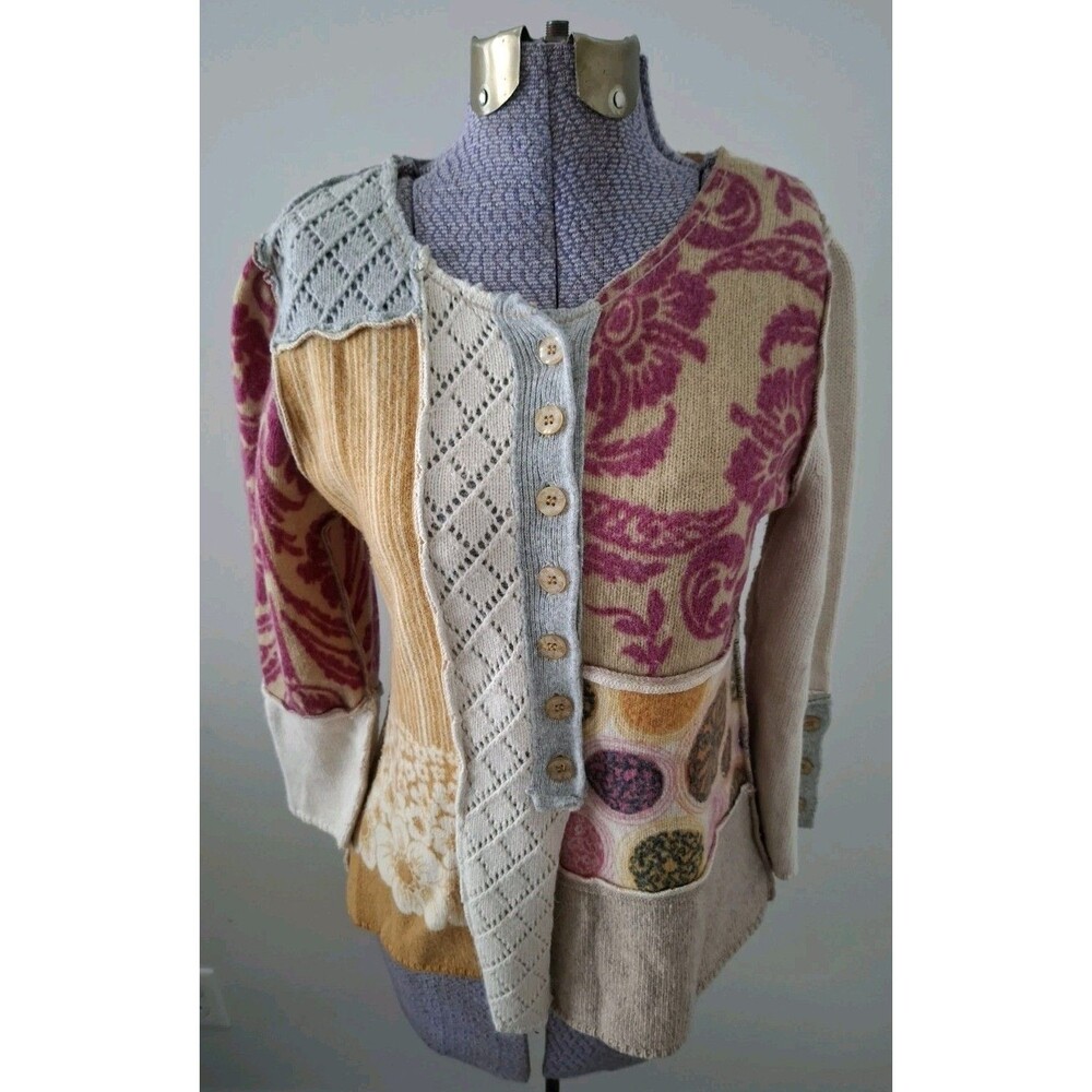 Sleeping On Snow Women’s Patchwork Cardigan Sweater S Cottage Lagenlook Artsy EC